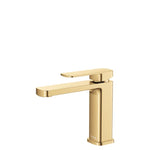 Fienza Tono basin mixer in Urban Brass, hob mounted with square lever and spout, on white background