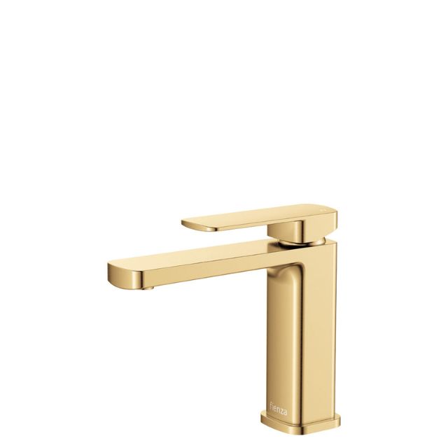 Fienza Tono basin mixer in Urban Brass, hob mounted with square lever and spout, on white background