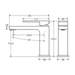 Fienza Tono basin mixer technical drawing in urban brass, showing side and front views with dimensions outlined.