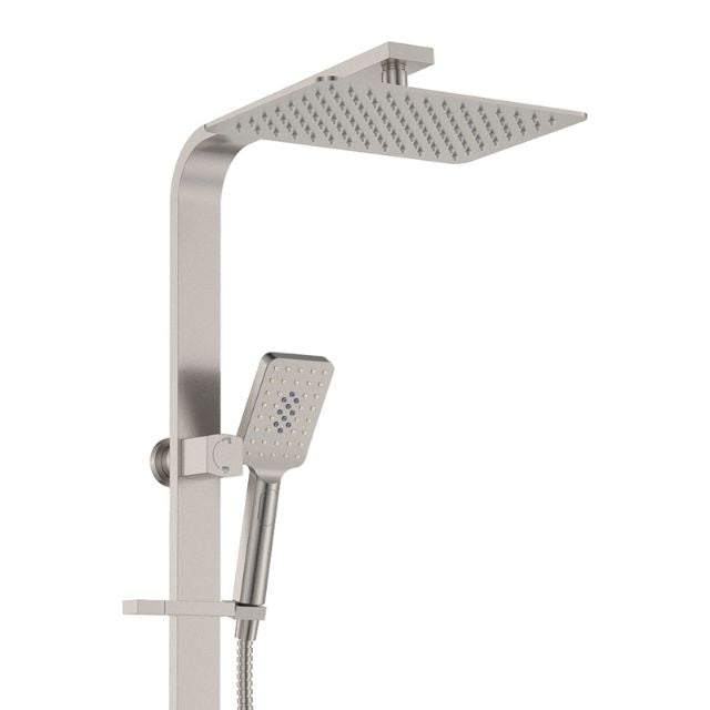 Fienza Tono Deluxe twin shower in brushed nickel, with overhead square shower head and hand shower on wall rail