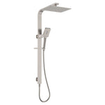Fienza Tono Deluxe twin shower in brushed nickel, wall-mounted rail with overhead rain shower and hand shower