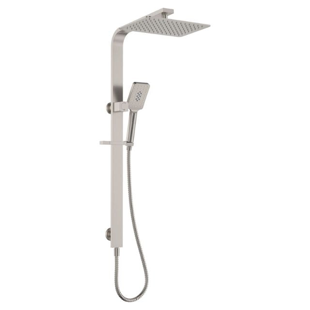 Fienza Tono Deluxe twin shower in brushed nickel, wall-mounted rail with overhead rain shower and hand shower