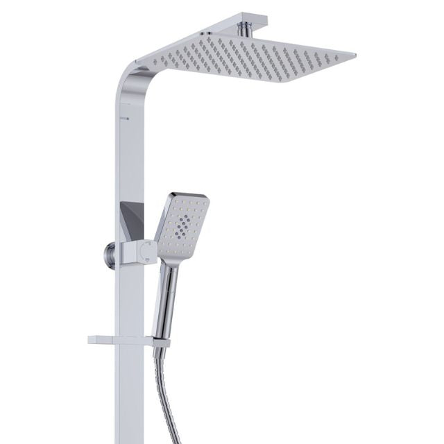 Fienza Tono Deluxe twin rail shower in chrome, with overhead square shower head and hand shower on a wall-mounted rail