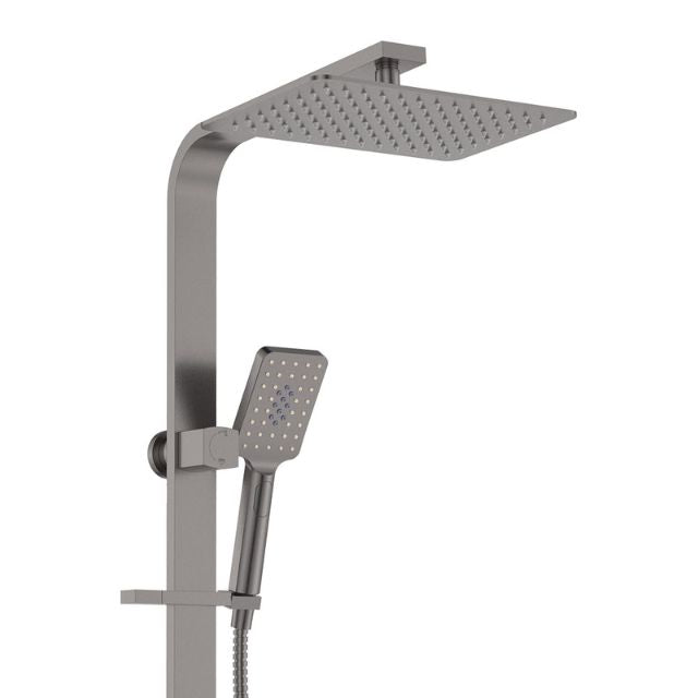 Fienza Tono Deluxe twin shower in gun metal, with square overhead rain shower and hand shower on wall rail