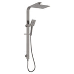 Fienza Tono Deluxe twin shower in gun metal, wall-mounted rail with overhead square shower and handheld on slider.