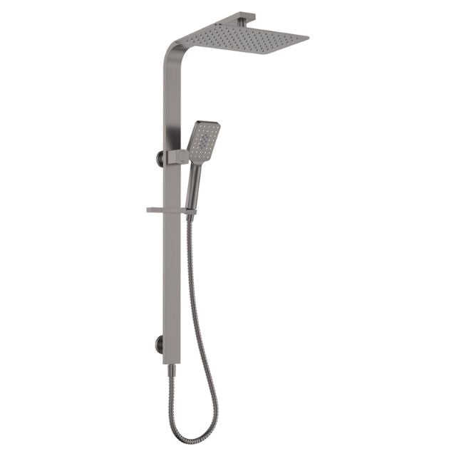 Fienza Tono Deluxe twin shower in gun metal, wall-mounted rail with overhead square shower and handheld on slider.