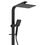 Fienza Tono Deluxe twin shower in matte black, with square overhead shower and hand shower on a wall-mounted rail