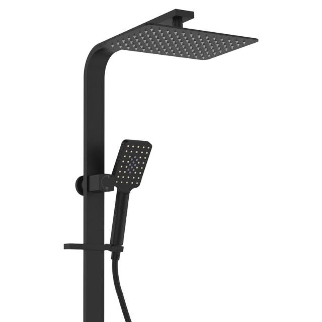 Fienza Tono Deluxe twin shower in matte black, with square overhead shower and hand shower on a wall-mounted rail