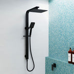 Fienza Tono Deluxe twin shower in matte black, wall-mounted rail with overhead and handheld shower in bathroom setting