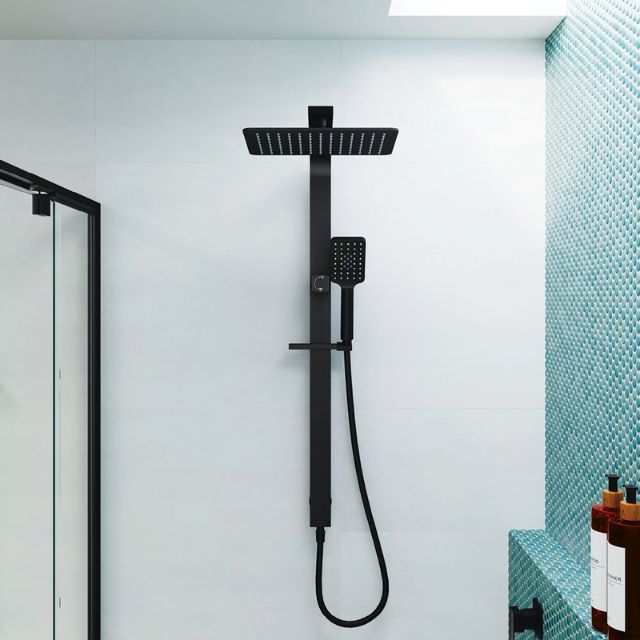 Fienza Tono Deluxe twin shower in matte black, with overhead square shower and handheld on a wall-mounted rail in bathroom.