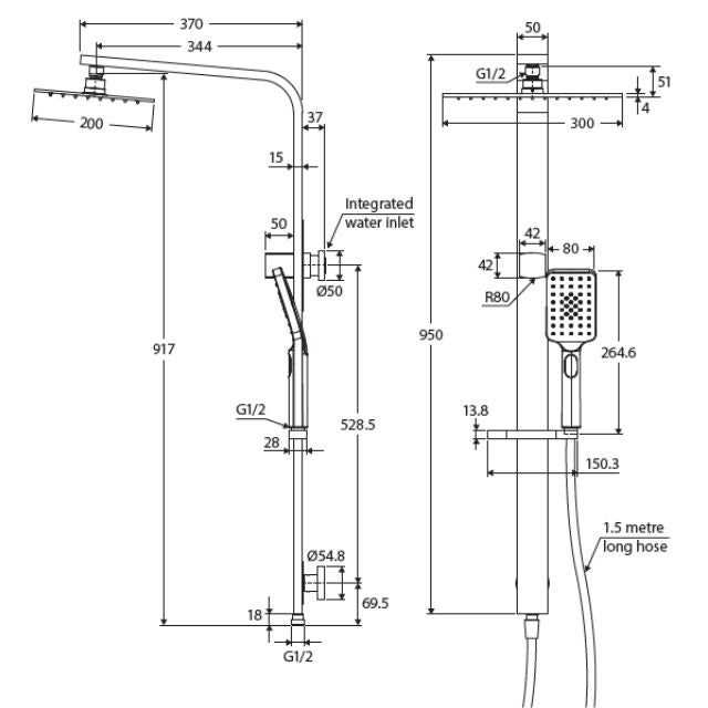 Technical drawing of Fienza Tono Deluxe twin shower in matte black, showing wall-mounted rail, overhead shower, hand shower and measurements