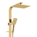 Fienza Tono Deluxe twin shower in urban brass, with overhead square rain shower and hand shower on rail