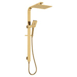 Fienza Tono Deluxe twin rail shower in urban brass with square overhead shower and hand shower on slider rail