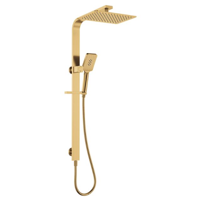 Fienza Tono Deluxe twin rail shower in urban brass with square overhead shower and hand shower on slider rail
