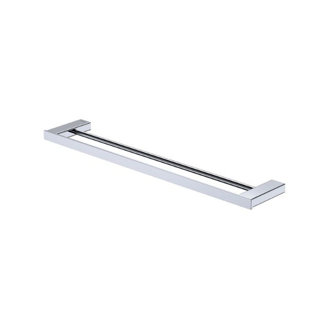 Fienza Tono double towel rail 610mm in chrome, rectangular stainless steel bathroom rail on white background