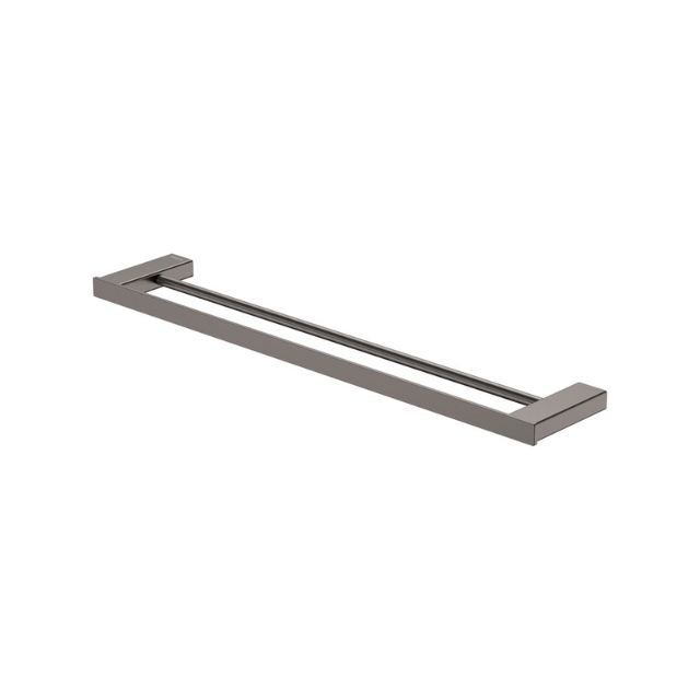 Fienza Tono double towel rail 610mm in gun metal, rectangular stainless steel bathroom accessory on white background
