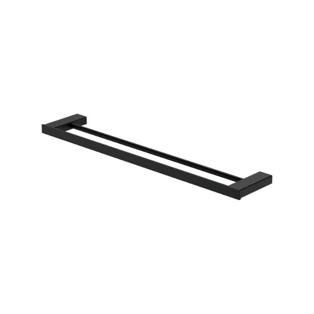 Fienza Tono double towel rail, 610mm, matte black stainless steel, rectangular wall-mounted bathroom accessory