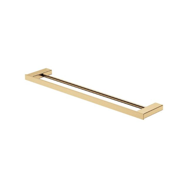 Fienza Tono double towel rail in Urban Brass, 610mm rectangular bathroom rail with dual bars, angled view on white background