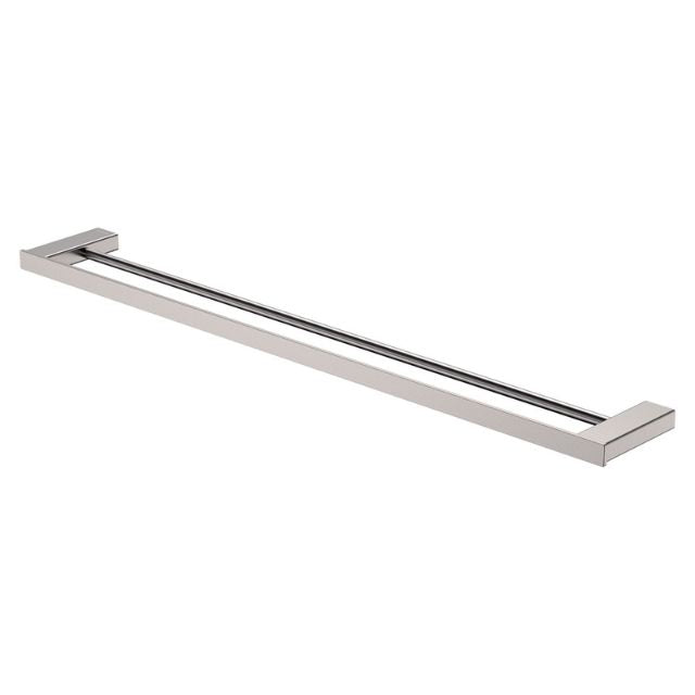Fienza Tono double towel rail in brushed nickel, rectangular stainless steel bathroom accessory, angled view