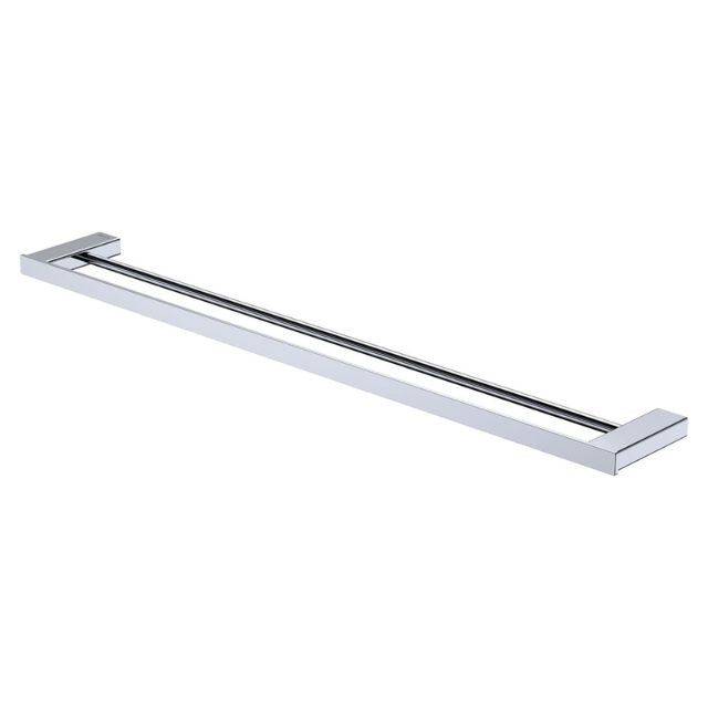 Fienza Tono double towel rail in chrome, rectangular wall-mounted bathroom accessory, angled view on white background