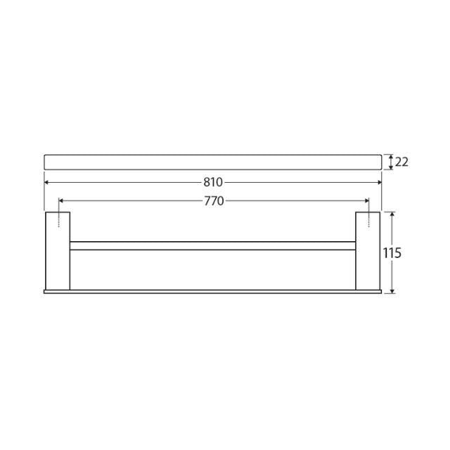 Technical line drawing of Fienza Tono double towel rail, showing 810mm width, 22mm profile and 115mm projection in gun metal.