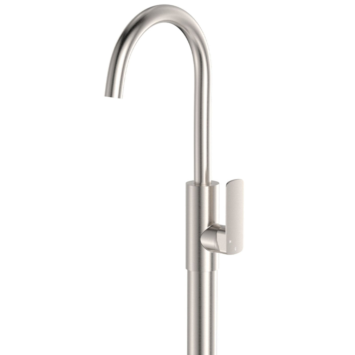 Fienza Tono floor mounted basin/bath mixer in brushed nickel, shown in a tall front view on white background