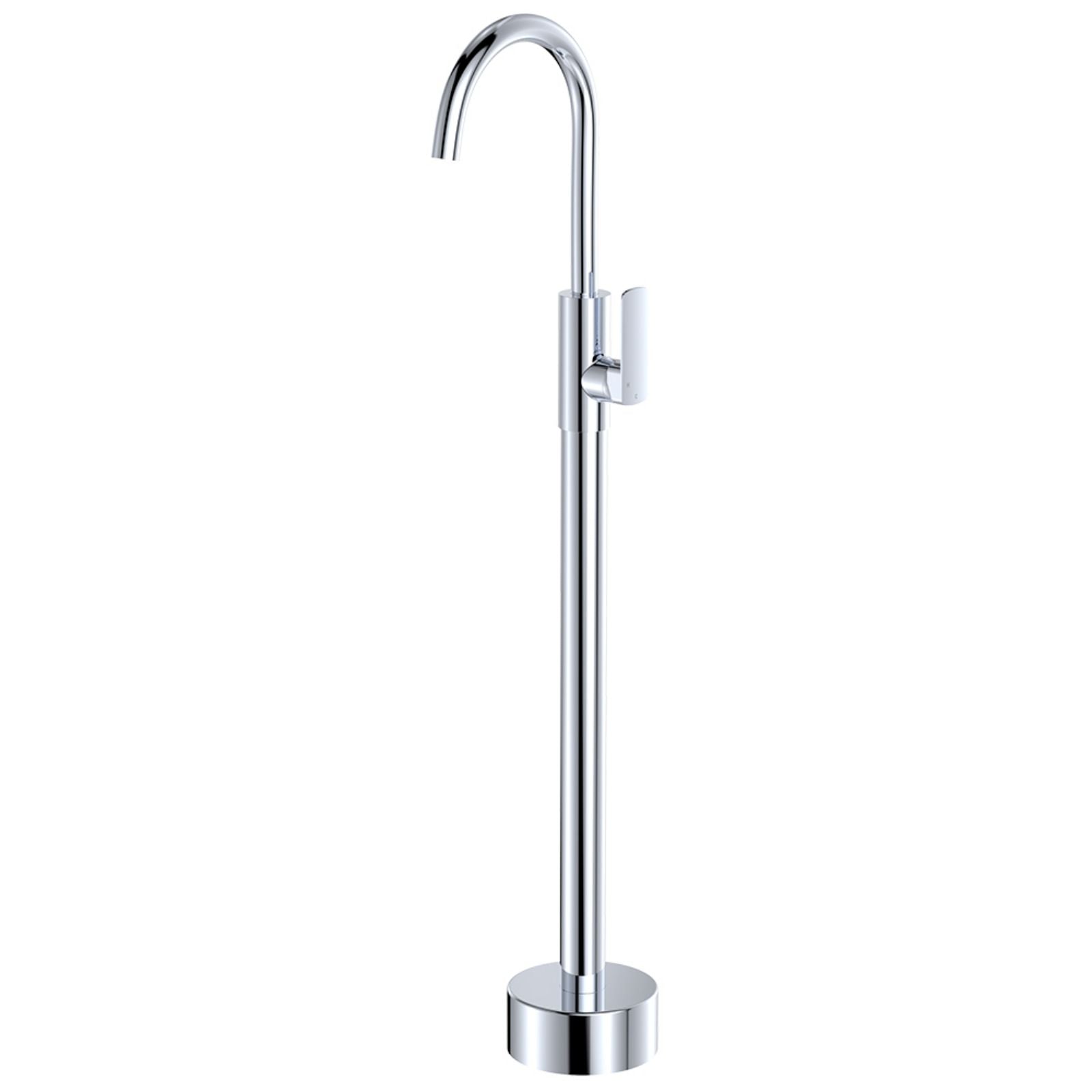 Fienza Tono floor-mounted bath mixer in chrome, shown in a front product view with round base and swivel spout