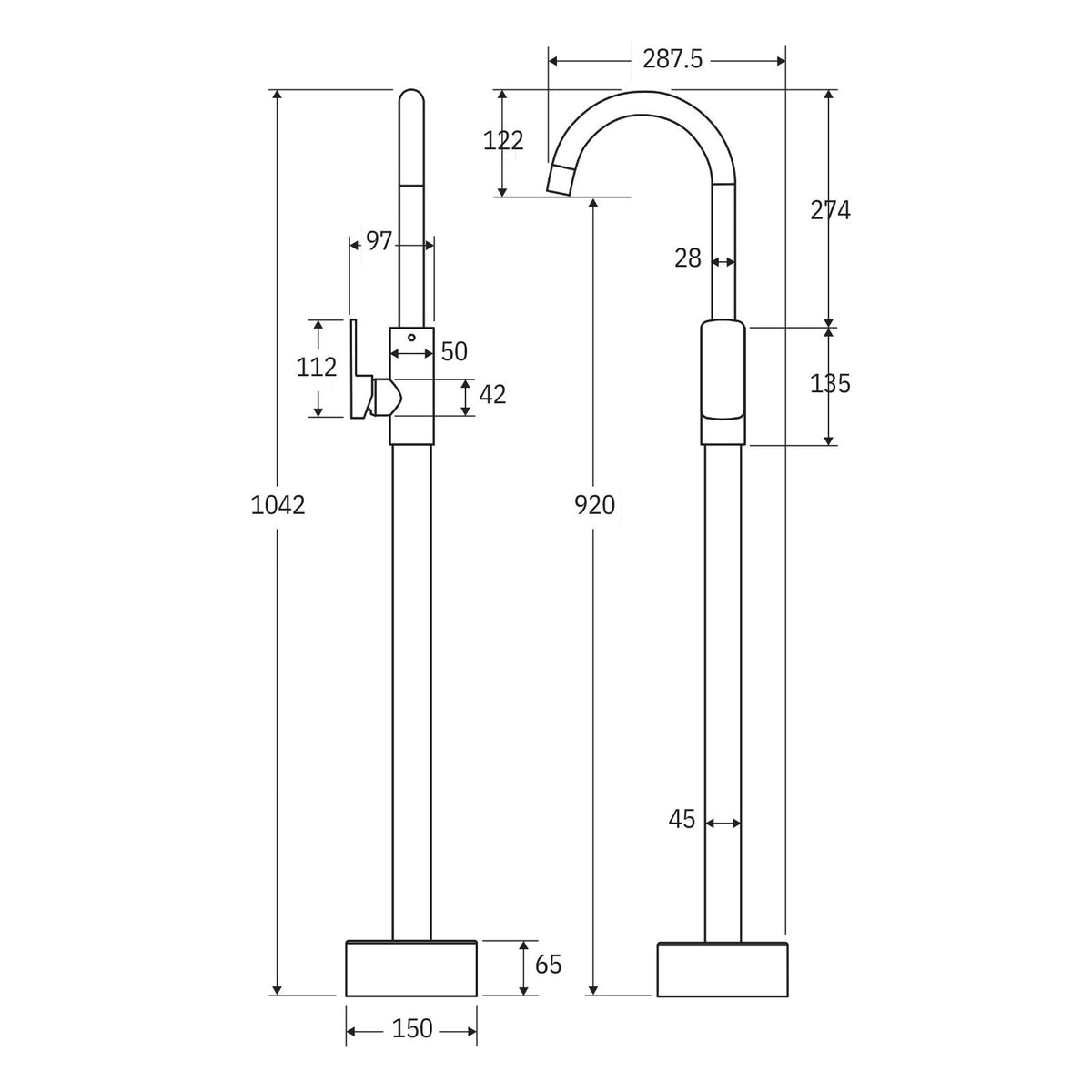 Fienza Tono floor mounted bath mixer in chrome, shown in technical drawing with front and side views and dimensions