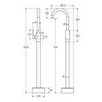Fienza Tono floor-mounted bath mixer technical drawing in matte black, showing side and front dimensions.