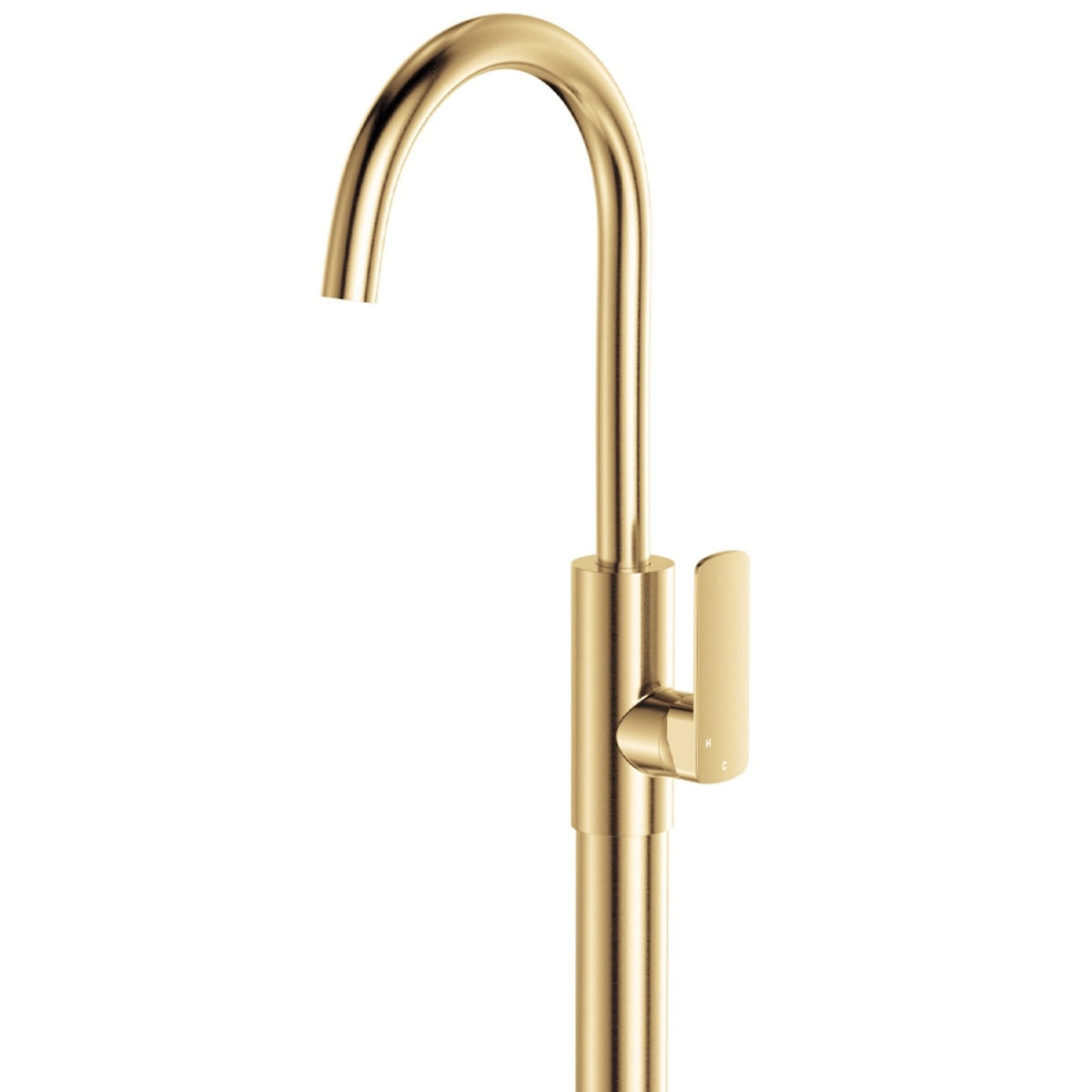 Fienza Tono floor-mounted basin/bath mixer in urban brass, shown in a front view on white background