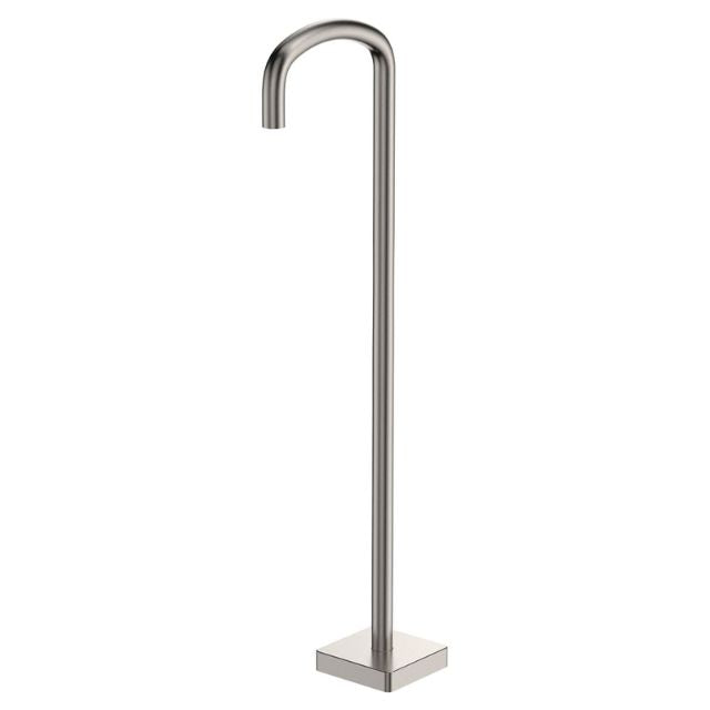 Fienza Tono floor-mounted bath outlet in brushed nickel, freestanding tall curved spout on square base