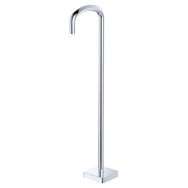 Fienza Tono chrome floor-mounted bath outlet, tall curved fixed spout on square base, isolated on white background