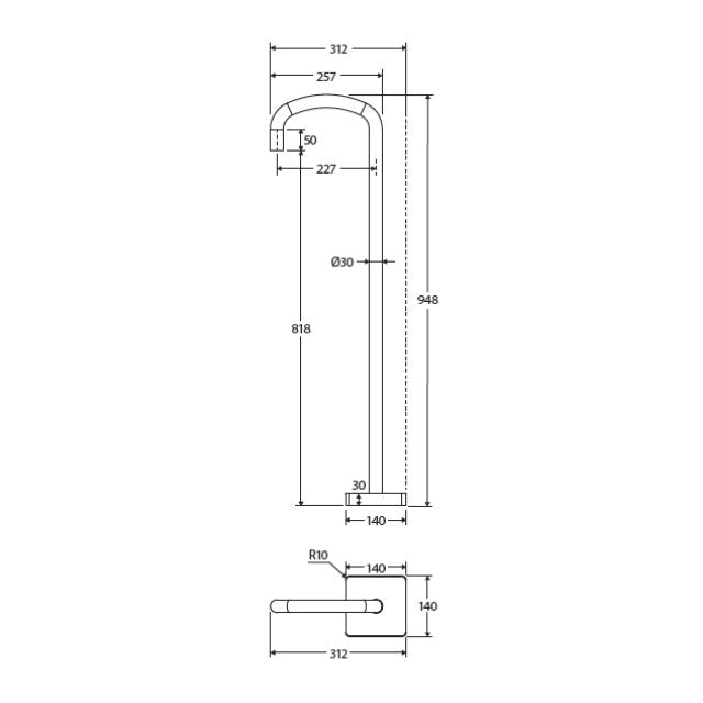 Technical drawing of Fienza Tono floor-mounted bath outlet in gun metal, showing 948mm height and 227mm spout reach