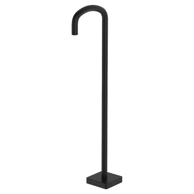 Fienza Tono floor mounted bath outlet tap in matte black, freestanding tall curved spout with square base