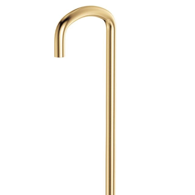 Fienza Tono floor-mounted bath outlet in urban brass, tall curved gold spout on a white background