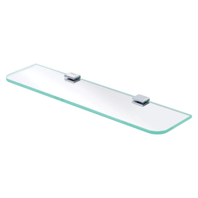 Fienza Tono 500mm clear glass bathroom shelf with chrome brackets, rectangular wall shelf on white background