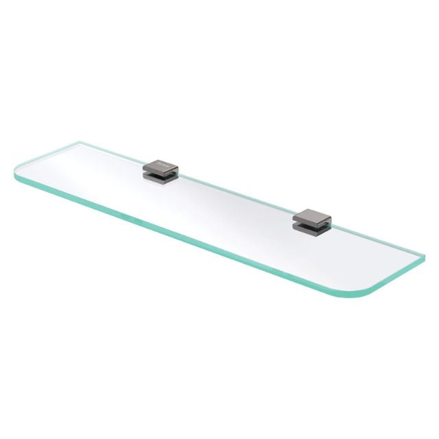 Fienza Tono 500mm glass bathroom shelf with gun metal brackets, clear tempered glass and rounded corners