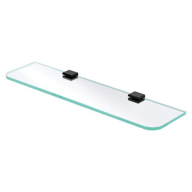 Fienza Tono 500mm glass bathroom shelf with matte black brackets, clear tempered glass, rectangular wall shelf