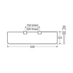 Technical drawing of Fienza Tono glass shelf, matte black, 500mm wide with adjustable bracket spacing and 125mm projection