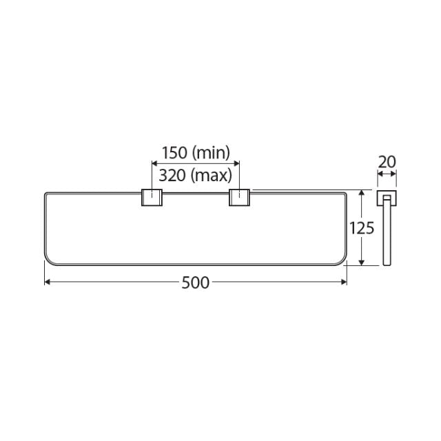 Technical drawing of Fienza Tono glass shelf, matte black, 500mm wide with adjustable bracket spacing and 125mm projection