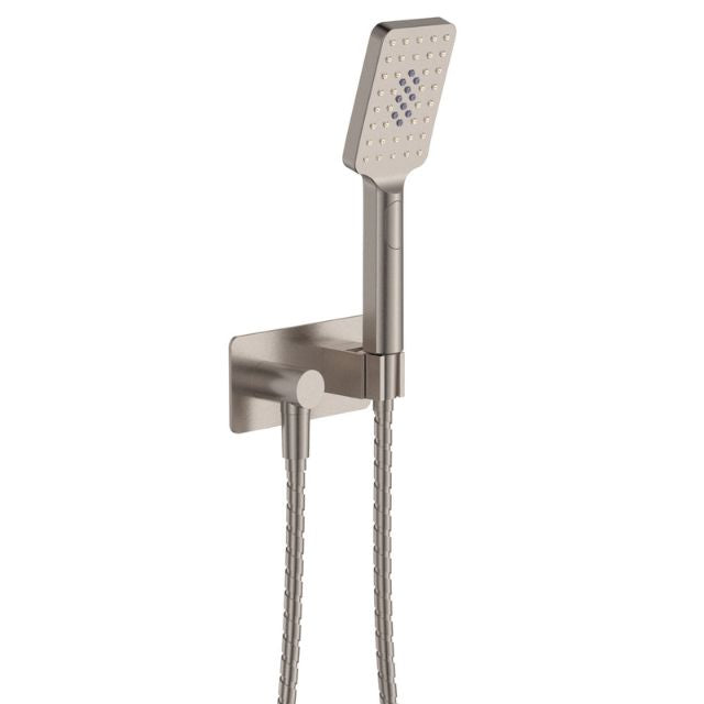 Fienza Tono hand shower in brushed nickel with soft square wall bracket and hose, shown on white background