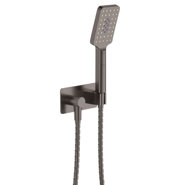 Fienza Tono gun metal hand shower with soft square wall bracket and hose, on white background