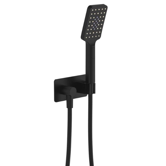 Fienza Tono matte black hand shower with soft square wall plate and hose, front view on white background