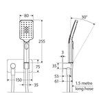 Fienza Tono hand shower technical drawing in matte black, showing soft square plate, 80mm head, 1.5m hose and dimensions