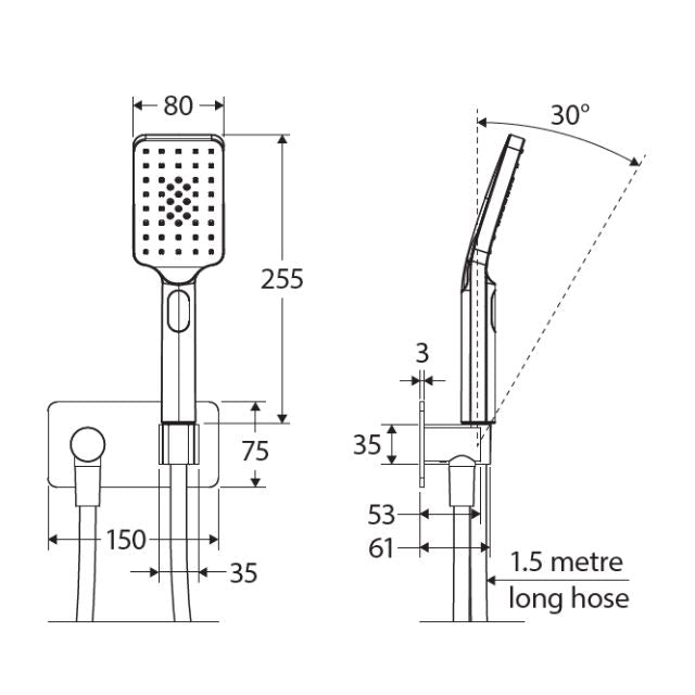 Fienza Tono hand shower technical drawing in matte black, showing soft square plate, 80mm head, 1.5m hose and dimensions