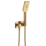 Fienza Tono Urban Brass hand shower with square wall bracket and hose, shown front on against a white background