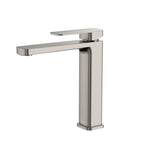 Fienza Tono medium basin mixer in brushed nickel, shown on white background with square modern spout and handle