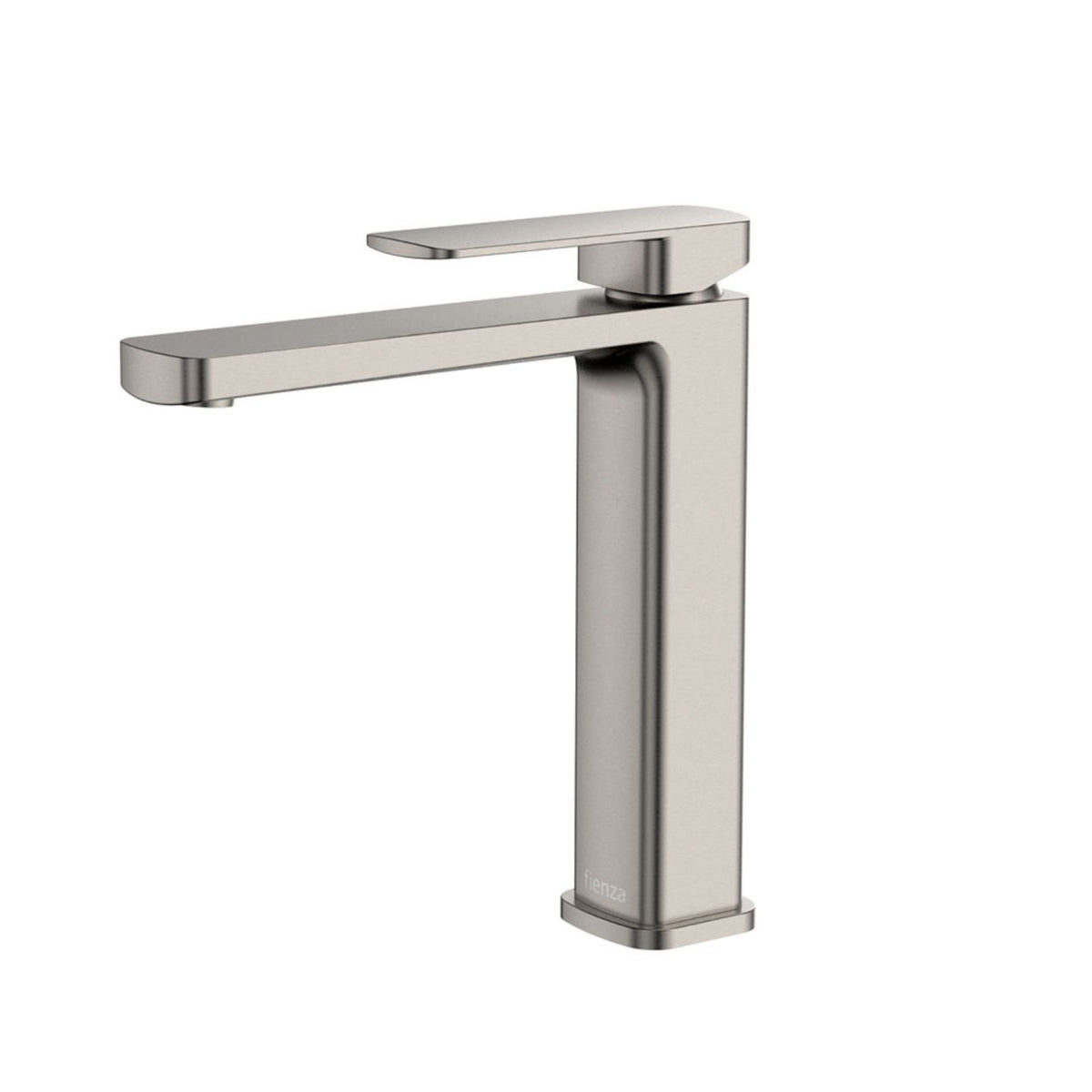Fienza Tono medium basin mixer in brushed nickel, shown on white background with square modern spout and handle