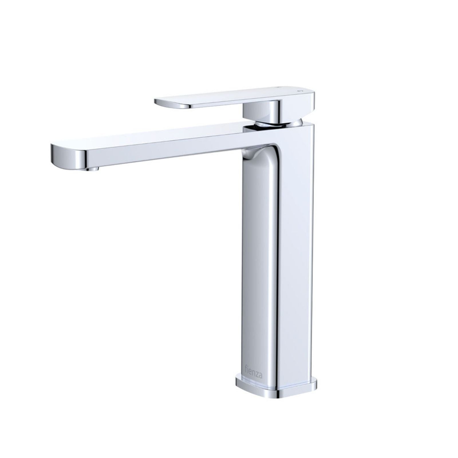 Fienza Tono medium basin mixer tap in chrome, with a square spout and single lever handle, shown on white background