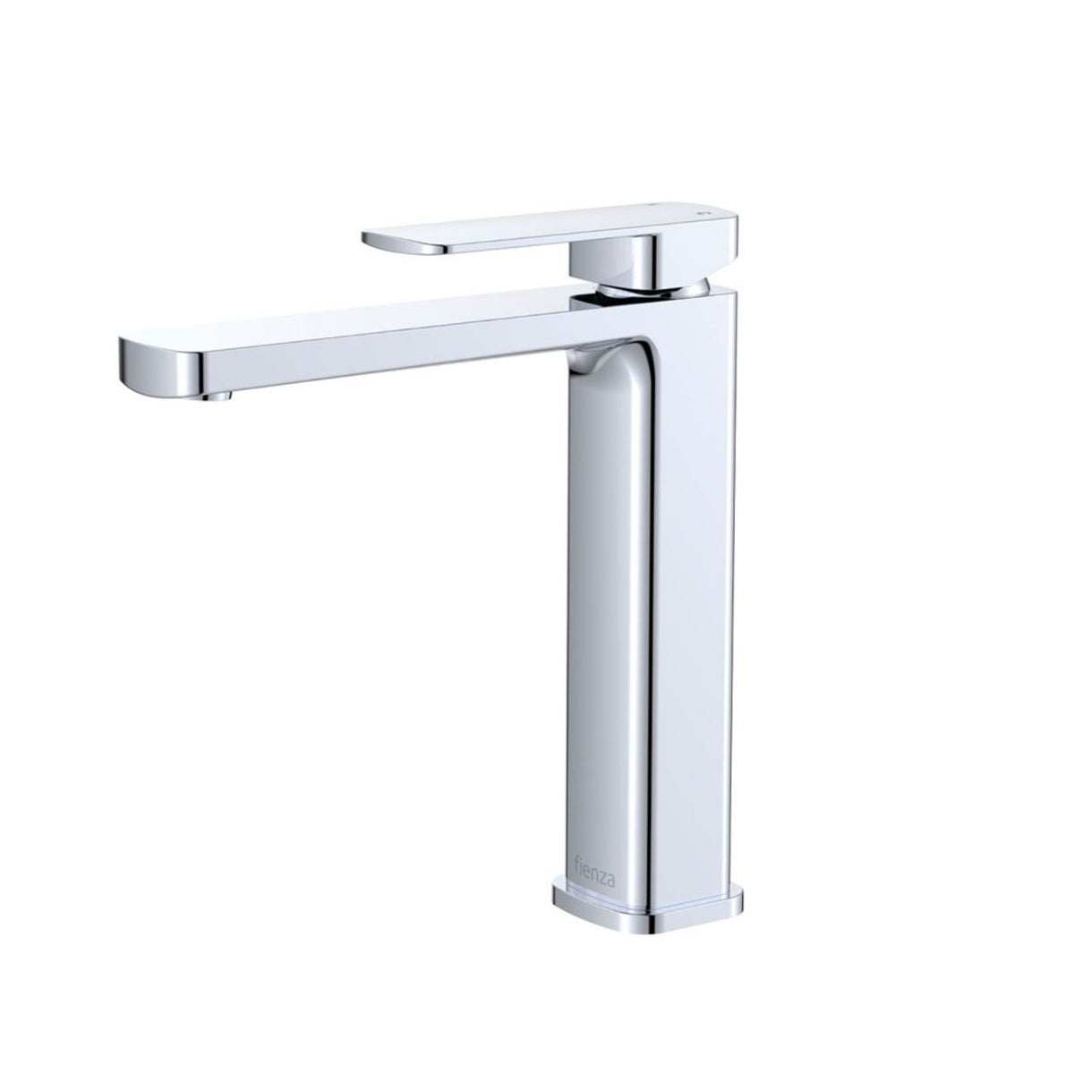 Fienza Tono medium basin mixer tap in chrome, with a square spout and single lever handle, shown on white background